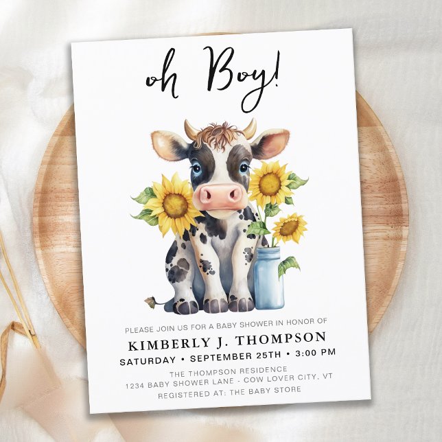 Cute Cow Sunflowers Modern Farm Animal Baby Shower Invitation Postcard (Creator Uploaded)