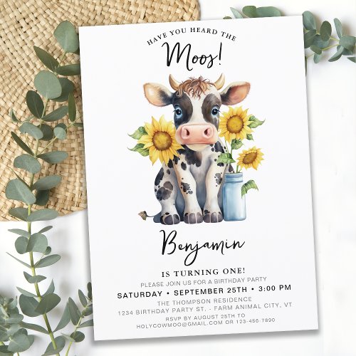 Cute Cow Sunflowers Modern Farm Animal Birthday Invitation