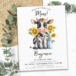Cute Cow Sunflowers Modern Farm Animal Birthday Invitation Postcard