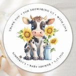 Cute Cow Sunflowers Modern Simple Farm Baby Shower Classic Round Sticker<br><div class="desc">Invite your friends and family to celebrate the arrival of your new baby with this adorable baby dairy calf and sunflowers baby shower invitations, party accessories and gifts . This baby shower invitation features a hand-painted watercolor cow, perfect for farm and cow lovers! The design is modern and trendy, with...</div>
