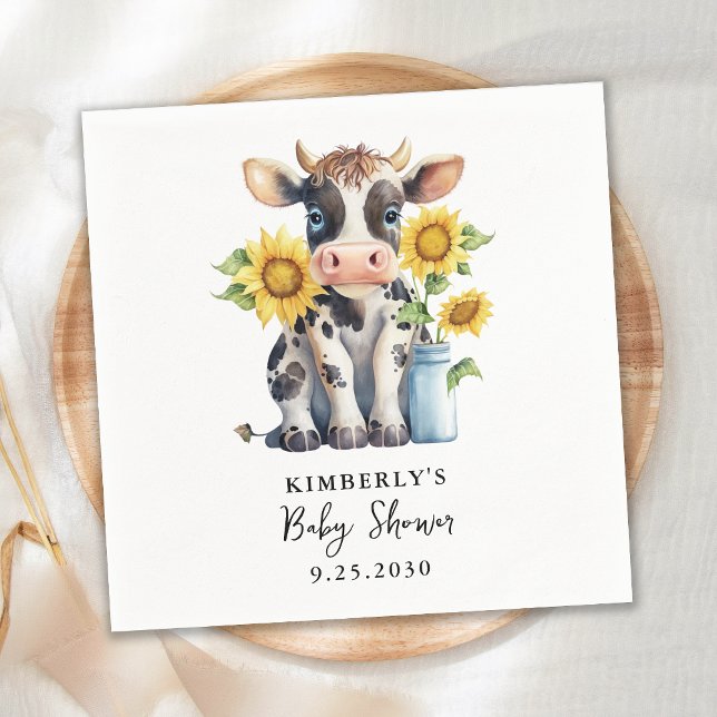 Cute Cow Sunflowers Modern Simple Farm Baby Shower Napkins (Creator Uploaded)