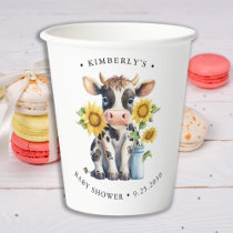 Cute Cow Sunflowers Modern Simple Farm Baby Shower Paper Cups