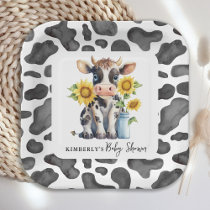 Cute Cow Sunflowers Modern Simple Farm Baby Shower Paper Plates