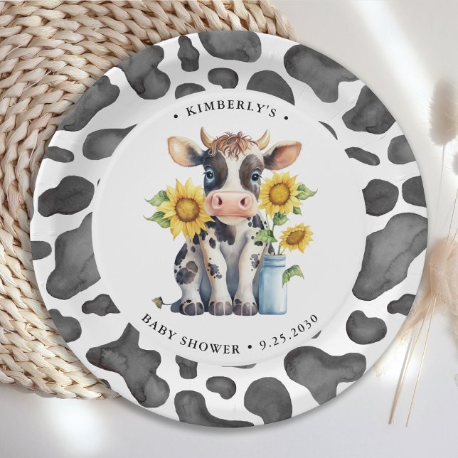 Cute Cow Sunflowers Modern Simple Farm Baby Shower Paper Plates (Creator Uploaded)