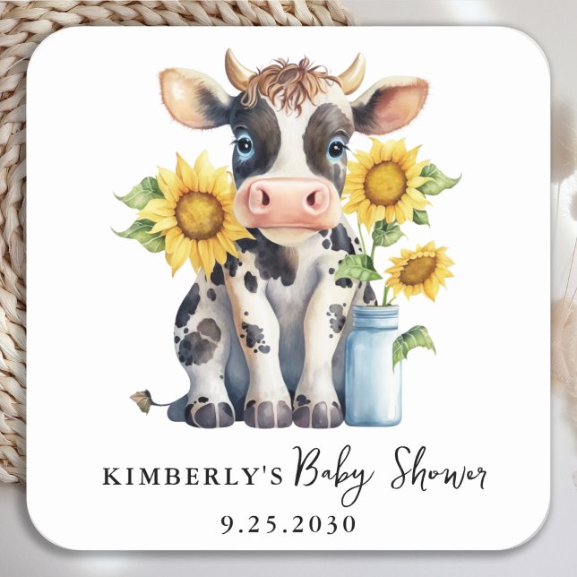 Cute Cow Sunflowers Modern Simple Farm Baby Shower Square Sticker (Creator Uploaded)