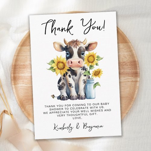 Cute Cow Sunflowers Modern Simple Farm Baby Shower Thank You Card