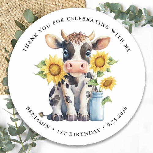 Cute Cow Sunflowers Modern Simple Farm Birthday Classic Round Sticker