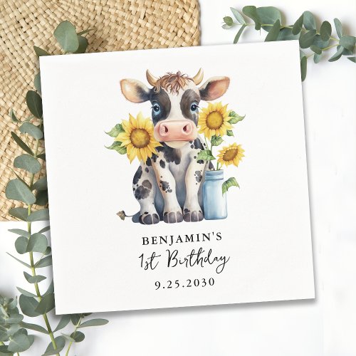 Cute Cow Sunflowers Modern Simple Farm Birthday Napkins