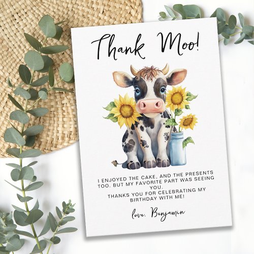 Cute Cow Sunflowers Modern Simple Farm Birthday Thank You Card