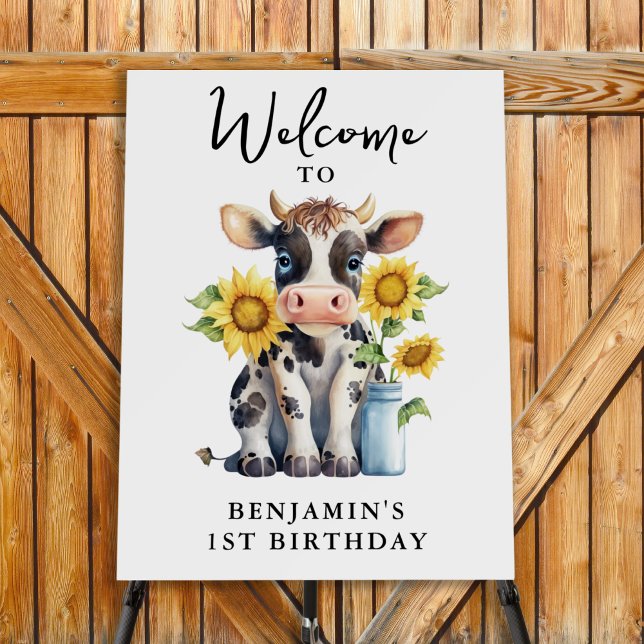 Cute Cow Sunflowers Modern Simple Welcome Birthday Foam Board (Creator Uploaded)