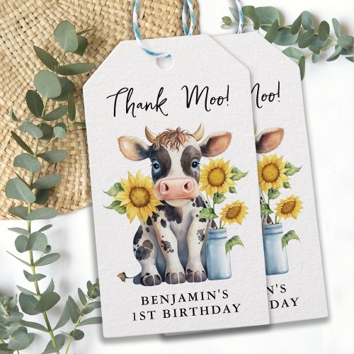 Cute Cow Sunflowers Modern Thank Moo Birthday Gift Tags