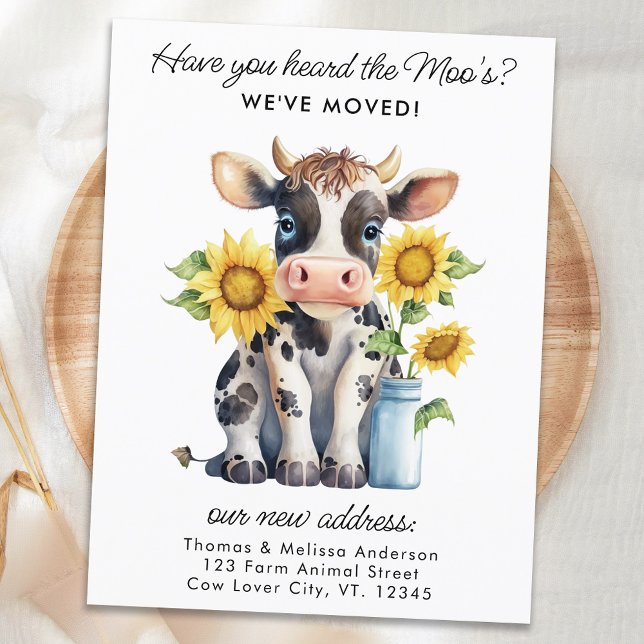 Cute Cow Sunflowers New Address We've Moved Moving Announcement Postcard (Creator Uploaded)