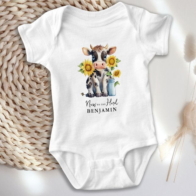 Cute Cow Sunflowers Personalized New To The Herd  Baby Bodysuit (Creator Uploaded)