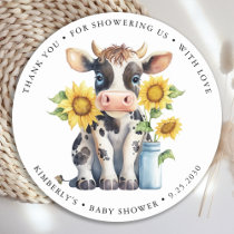 Cute Cow Sunflowers Simple Modern Farm Baby Shower Classic Round Sticker