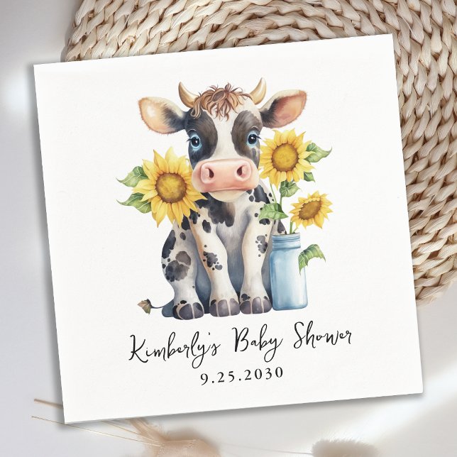 Cute Cow Sunflowers Simple Modern Farm Baby Shower Napkins (Creator Uploaded)