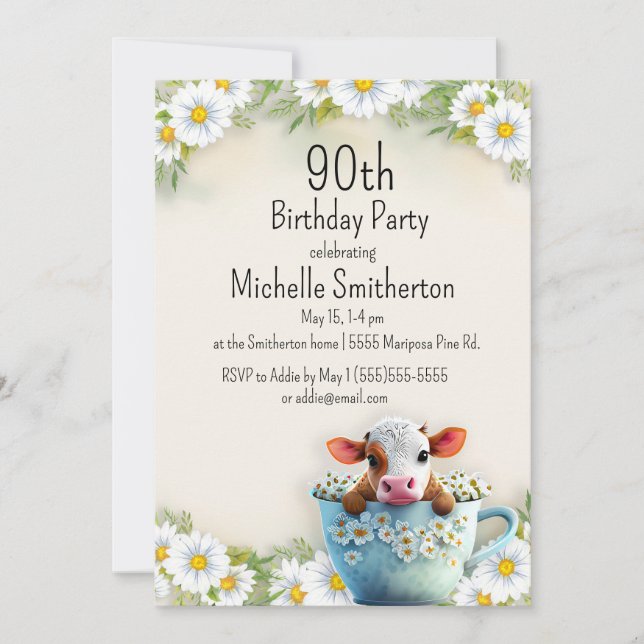 Cute Cow Teacup Daisies 100th Birthday Party Invitation (Front)