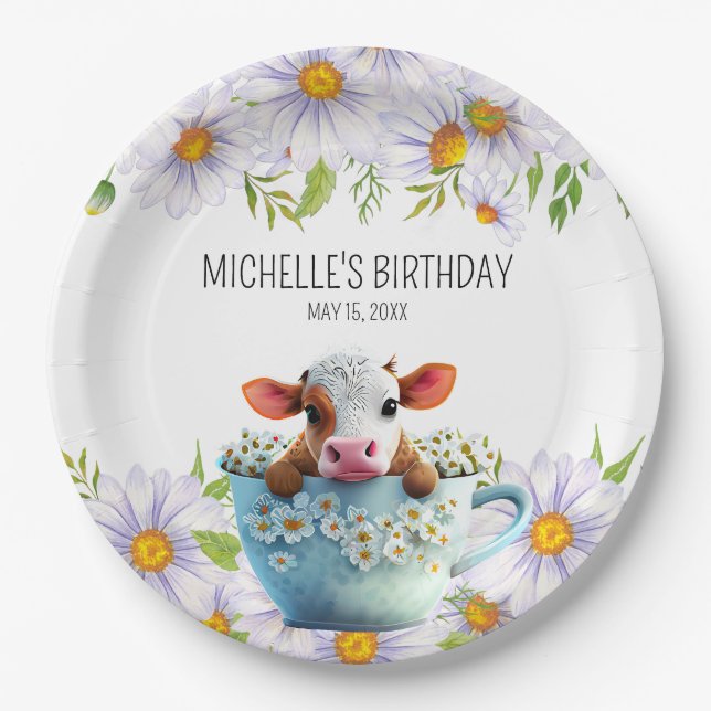 Cute Cow Teacup Daisies Birthday Paper Plates (Front)