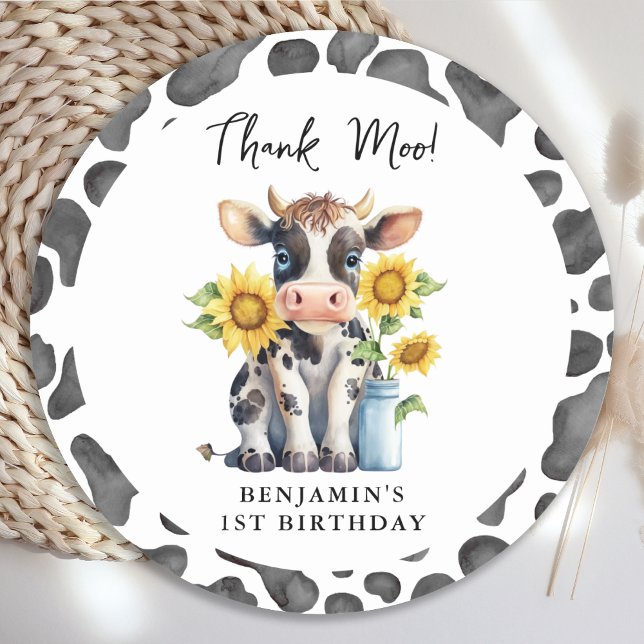 Cute Cow Thank Moo Farm Animal 1st Birthday Classic Round Sticker (Creator Uploaded)
