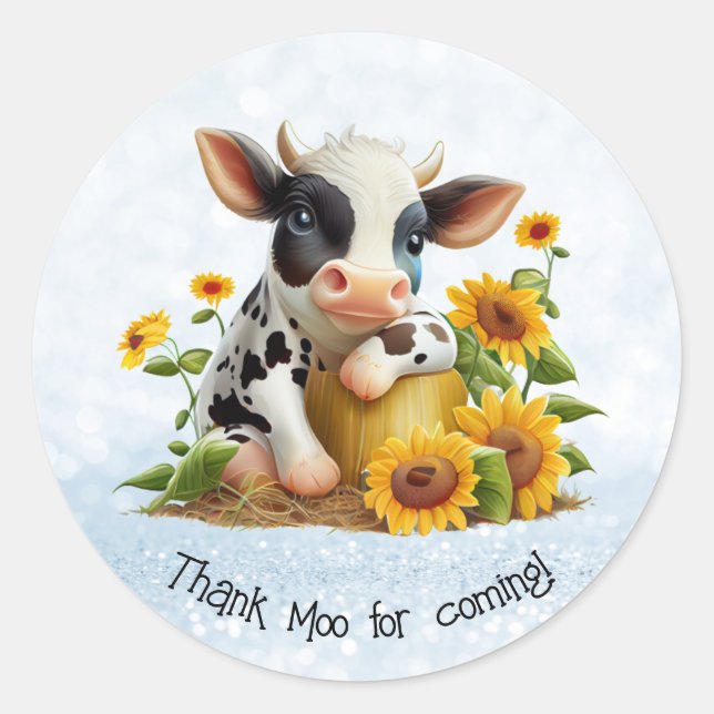 Cute Cow Thank Moo Sunflower Garden Personalized  Classic Round Sticker (Front)