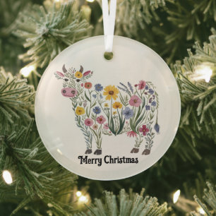 Cute Cow, Watercolor Wildflowers,Country, Floral Glass Ornament