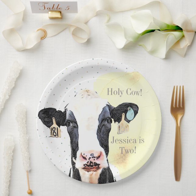 Cute Cow Wild Animal Yellow 2nd Birthday Party Paper Plates (Wedding)