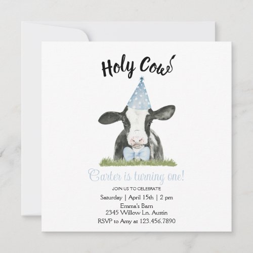Cute cow with Blue Party hat  Bow Tie invitation 