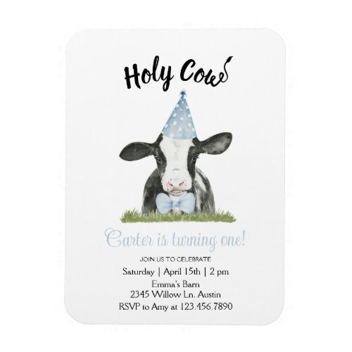 Cute cow with Blue Party hat  Bow Tie invitation Magnet