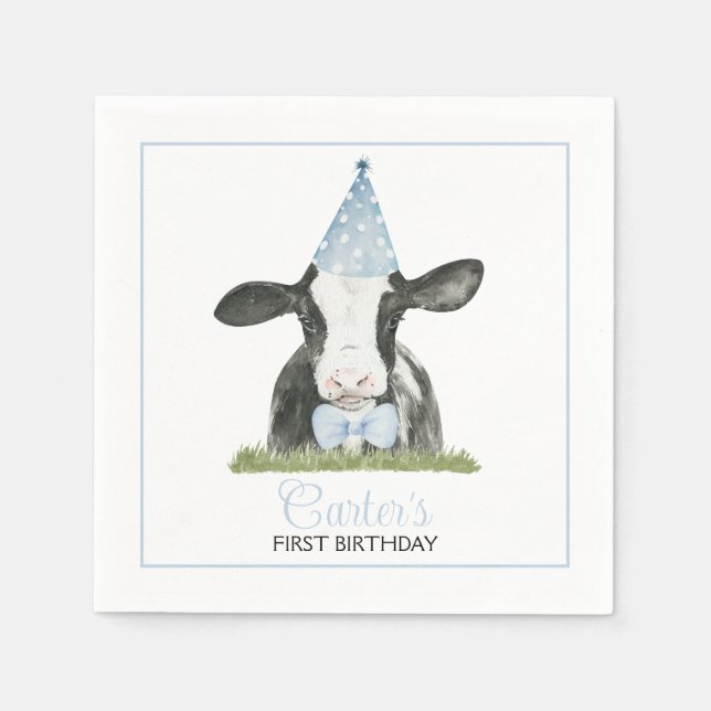 Cute cow with Blue Party hat & Bow Tie Party  Napkins (Front)