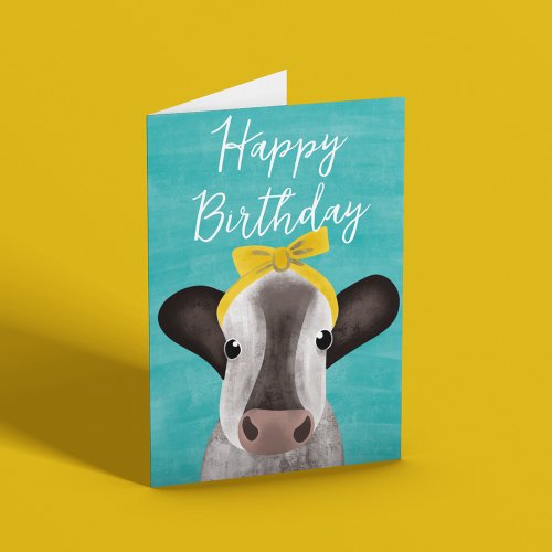 Cute Cow with Bow Customizable Birthday Card