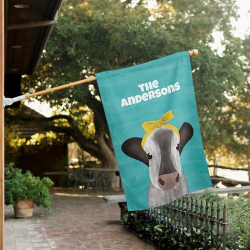 Cute Cow with Bow Personalized House Flag