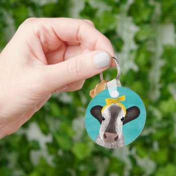Cute Cow With Bow Personalized Keychain by AwkwardDesignCo at Zazzle