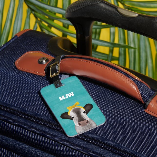 Cute Cow with Bow Personalized Luggage Tag (Front Insitu 1)