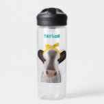 Cute Cow with Bow Personalized Water Bottle<br><div class="desc">Add a name to create a personalized gift that's perfect for anyone who loves cows. This cute water bottle features my painted illustration of a cow wearing a yellow bow. Your name or other custom text appears above the graphic in turquoise blue lettering. The text and illustration appear on both...</div>