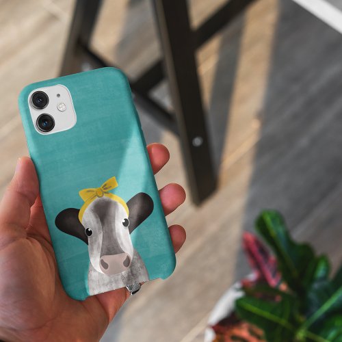 Cute Cow with Bow Turquoise Blue iPhone 15 Case