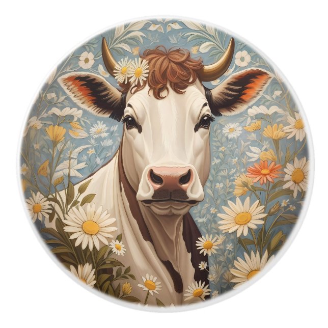 Cute Cow With Daisy Flowers Ceramic Knob (Front)