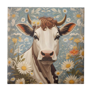 Cute Cow With Daisy Flowers Ceramic Tile