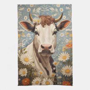Cute Cow With Daisy Flowers Kitchen Towel