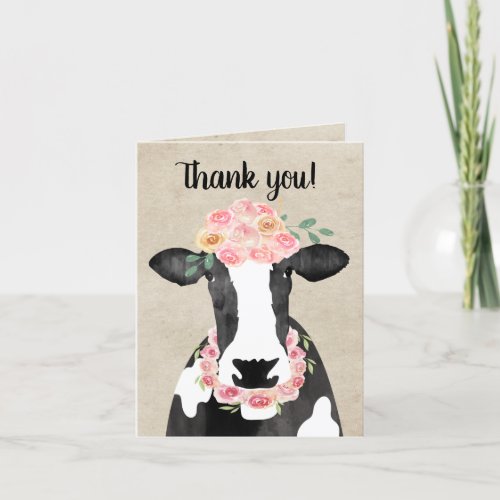 Cute Cow with Floral Crown Rustic Thank you card