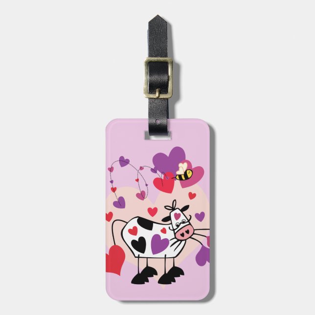 Cute Cow With Hearts and a Bumble Bee Graphic Luggage Tag (Front Vertical)