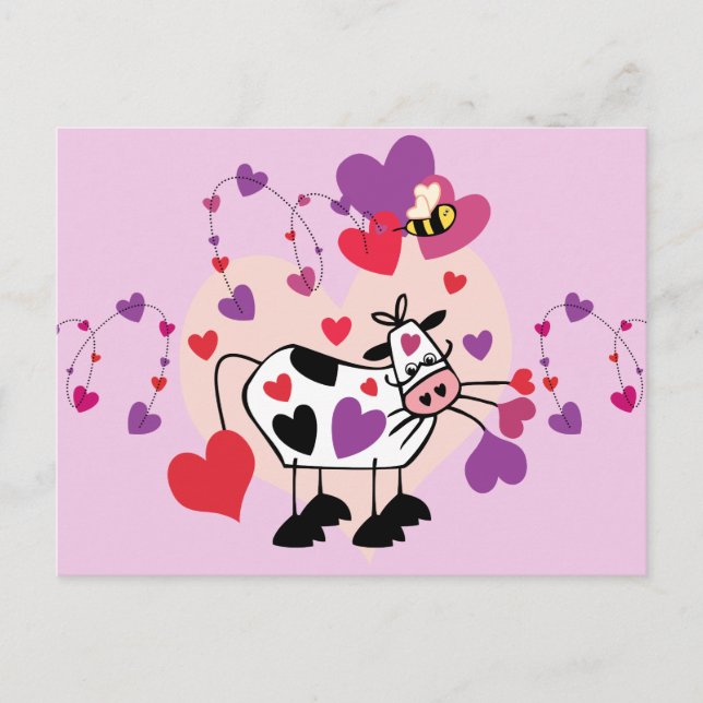 Cute Cow With Hearts and a Bumble Bee Graphic Postcard (Front)
