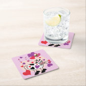 Cute Cow With Hearts and a Bumble Bee Graphic Square Paper Coaster (Insitu)