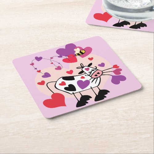 Cute Cow With Hearts and a Bumble Bee Graphic Square Paper Coaster