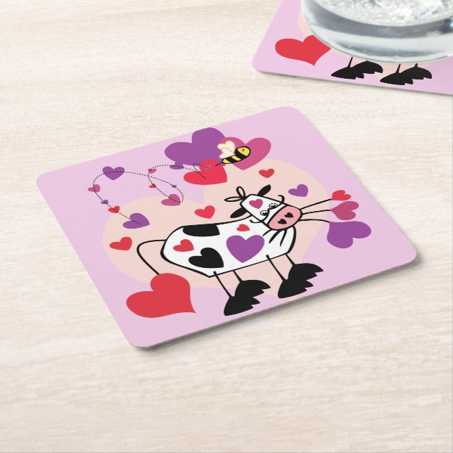 Cute Cow With Hearts and a Bumble Bee Graphic Square Paper Coaster (Angled)