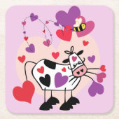 Cute Cow With Hearts and a Bumble Bee Graphic Square Paper Coaster (Front)
