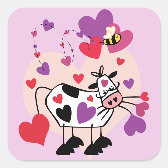 Cute Cow With Hearts and a Bumble Bee Graphic Square Sticker (Front)