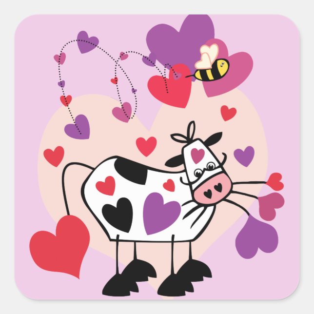 Cute Cow With Hearts and a Bumble Bee Graphic Square Sticker (Front)