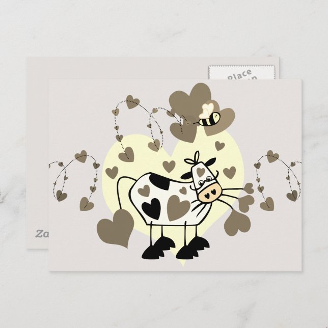 Cute Cow With Hearts and Bumble Bee Graphic Postca Postcard (Front/Back)