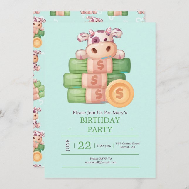 Cute Cow With Money Party Invitation (Front/Back)