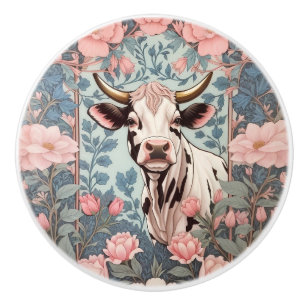 Cute Cow with Pink Floral Background Ceramic Knob