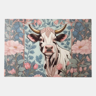 Cute Cow with Pink Floral Background Doormat